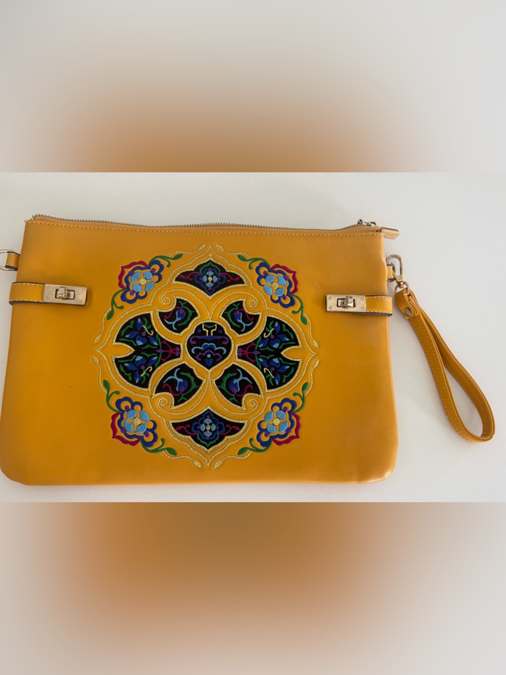 Mustard Yellow Embroidered Wristlet Clutch - Unbranded